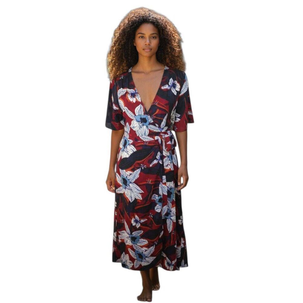 JAPNA BURGUNDY, NAVY, BLUE, & WHITE FLORAL WRAP DRESS SZ.XS EUC